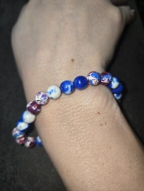 Boho Beaded Bracelet Marble Blue Red White Beads • Handmade Stretch Jewelry 256